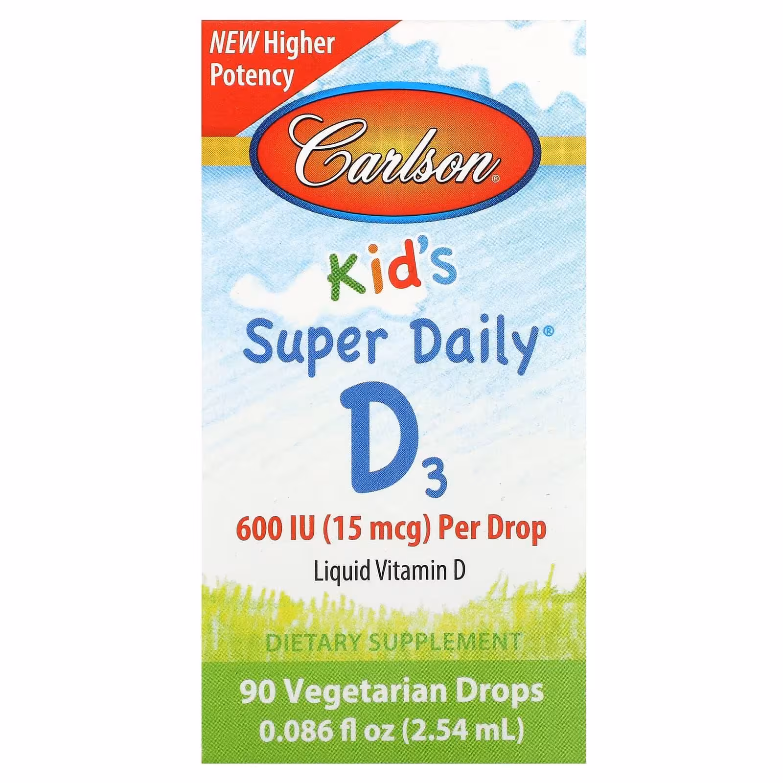 Carlson, Kid's Super Daily D3, 15 мкг (600 МЕ), 90 вегетарианских капель, 2,54 мл (0,086 жидк. унц.)