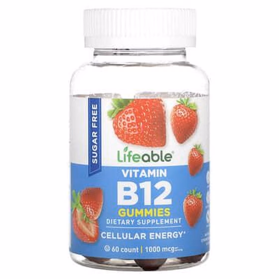 Lifeable, жевательные таблетки с витамином B12, без сахара, натуральная клубника, 1000 мкг, 60 жеват