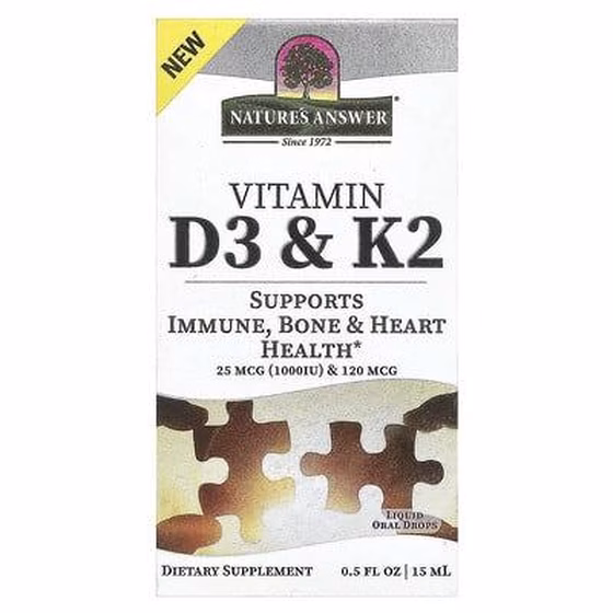 Nature's Answer, витамины D3 и K2, 25 мкг (1000 МЕ) и 120 мкг, 0,5 мл (120 жидк. унций)