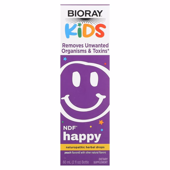 Bioray, NDF Happy, удаляет нежелательные организмы и токсины, для детей, персиковый вкус, 60 мл