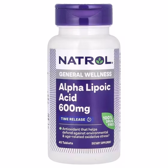 СЦ 20% Natrol, Альфа-липоевая кислота, медленное высвобождение, 600 мг, 45 таблеток