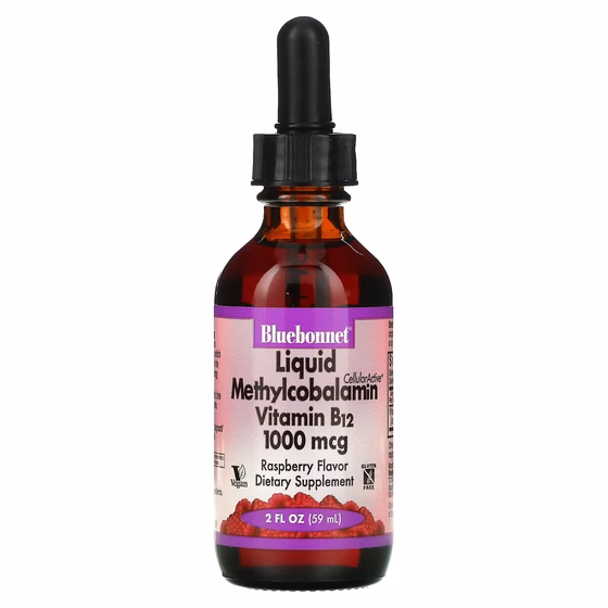 Bluebonnet Nutrition, CelluarActive, жидкий метилкобаламин, витамин B12, со вкусом малины, 1000 мкг,