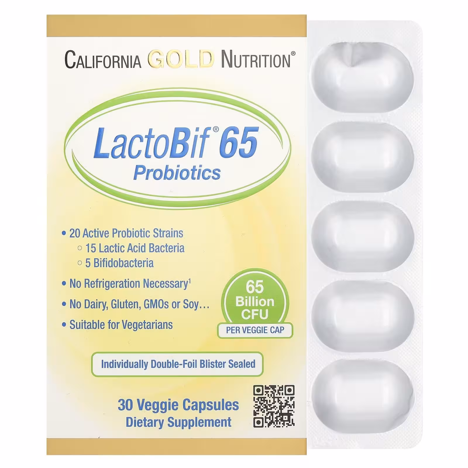 California Gold Nutrition, LactoBif, пробиотики, 65 млрд КОЕ, 30 вегетарианских капсул