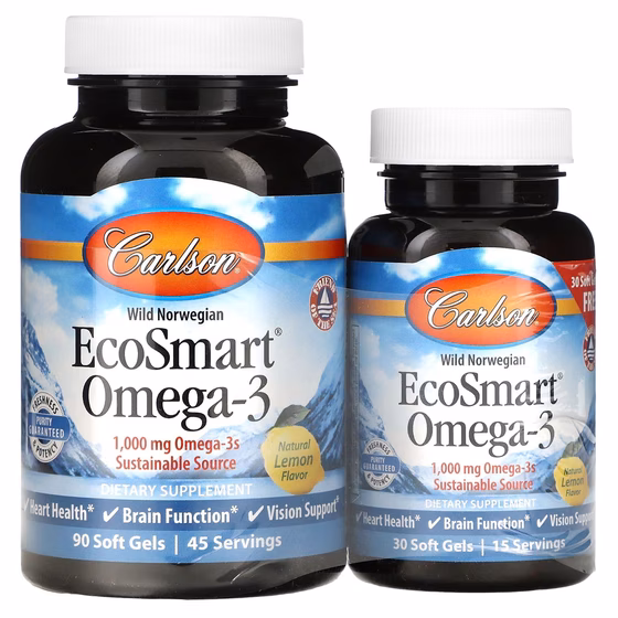 Carlson Labs, EcoSmart Omega-3, натуральный ароматизатор «Лимон», 1000 мг, 90 + 30 желатиновых капсу