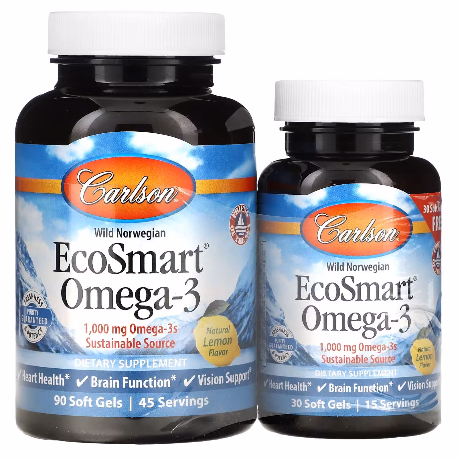 Carlson Labs, EcoSmart Omega-3, натуральный ароматизатор «Лимон», 1000 мг, 90 + 30 желатиновых капсу