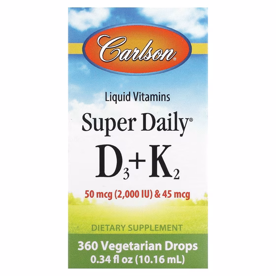 Carlson Labs, Super Daily витамины D3 и K2 в жидкой форме, 25 мкг (1000 МЕ) и 22,5 мкг, растительна