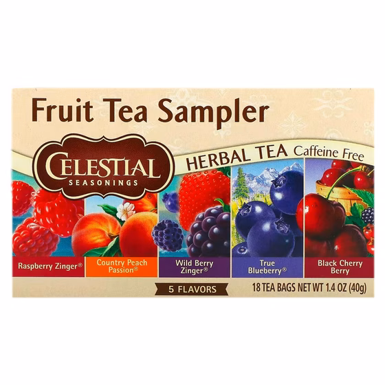 Celestial Seasonings, Fruit Tea Sampler, травяной чай, без кофеина, 5 вкусов, 18 чайных пак