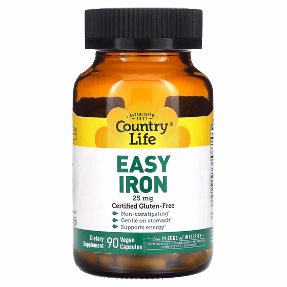 Country Life, железо в легкоусвояемой форме, 25 мг, 90 веганских капсул