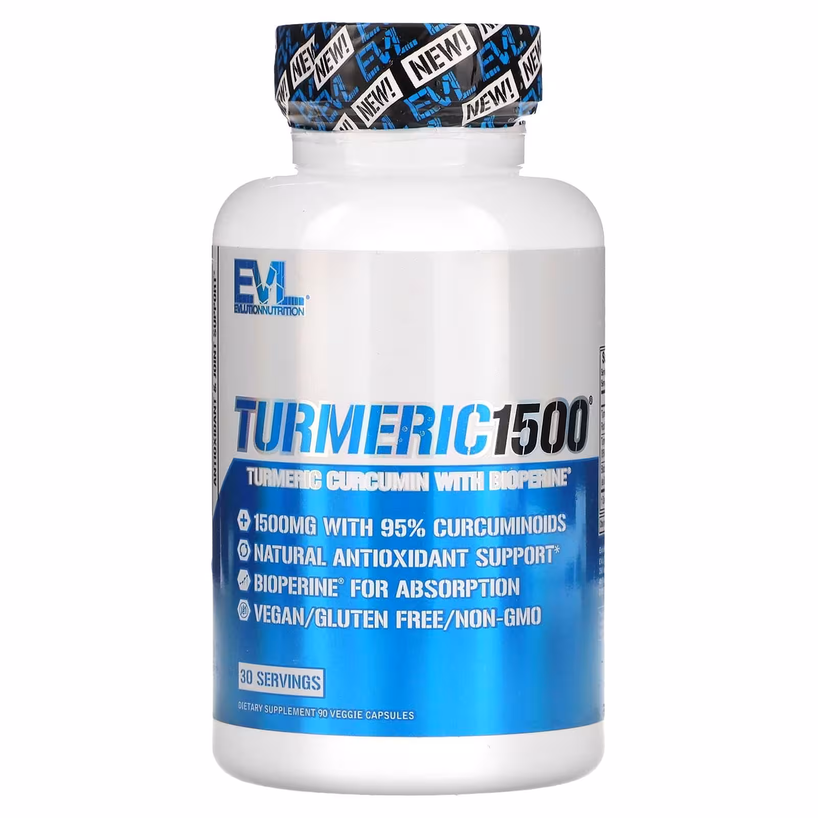 EVLution Nutrition, Turmeric1500, куркумин с экстрактом черного перца Bioperine, 90 вегетарианских к