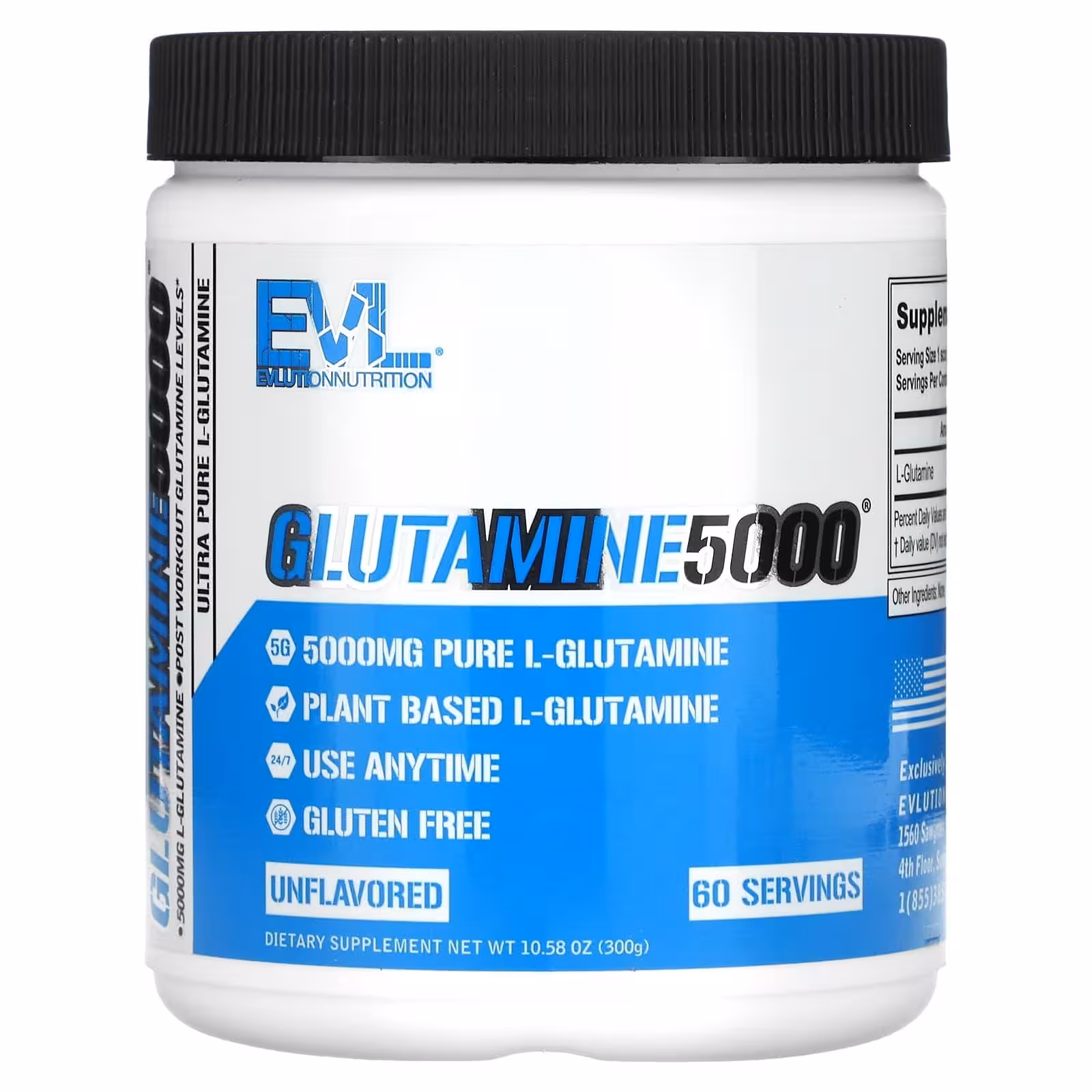 EVLution Nutrition, Глутамин 5000, без добавок, 5000 мг, 300 г (10,58 унции)