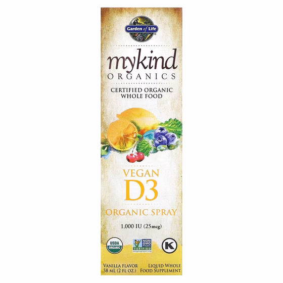 Garden of Life, MyKind Organics, веганский спрей с витамином D3, ваниль, 25 мкг (1000 МЕ), 58 мл (2