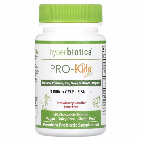 Hyperbiotics, PRO-Kids ENT, пробиотики для детей, без сахара, клубнично ванильный вкус 45