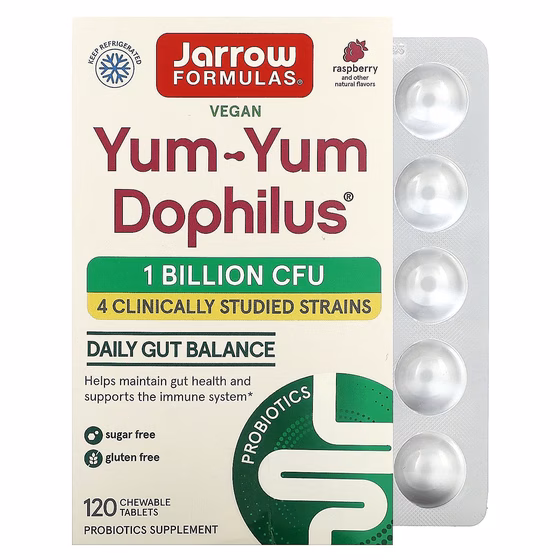 Jarrow Formulas, Yum-Yum Dophilus, без сахара, с натуральным ароматизатором со вкусом малины, 120 же