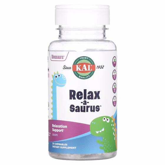KAL, Dinosaurs, Relax-a-Saurus, смесь с L-теанином, виноградный вкус, 30 жевательных таблеток