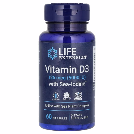 Life Extension, витамин D3 с формулой Sea-Iodine, 125 мкг (5000 МЕ), 60 капсул