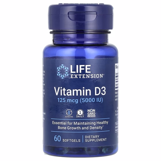 Life Extension, витамин D3, 125 мкг (5000 МЕ), 60 капсул