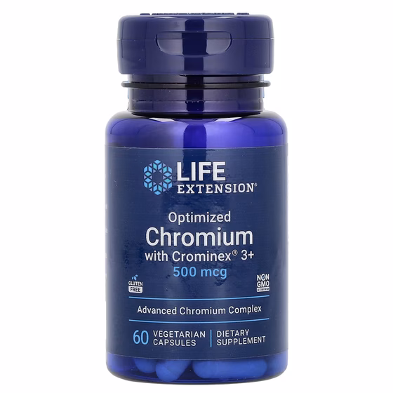 Life Extension, оптимизированный хром с Crominex 3+, 500 мкг, 60 вегетарианских капсул