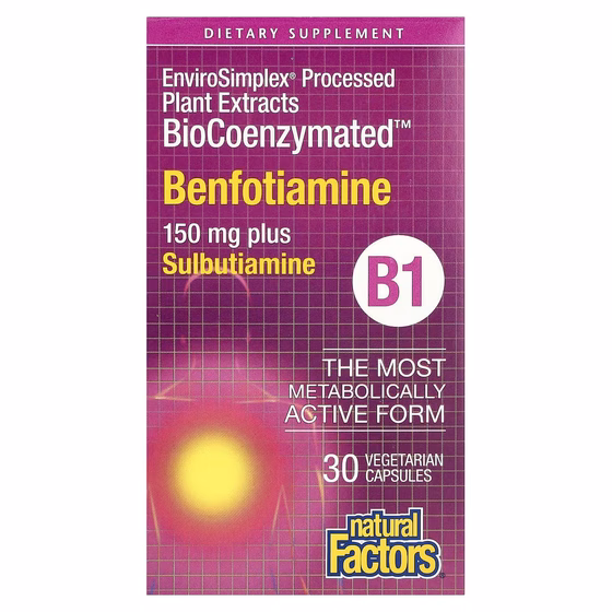 Natural Factors, BioCoenzymated, B1, бенфотиамин плюс сульбутиамин, 150 мг, 30 вегетарианских капсул
