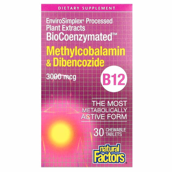 Natural Factors, BioCoenzymated, B12, метилкобаламин и дибенкозид, 3000 мкг, 30 жевательных таблеток
