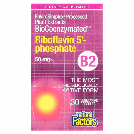 Natural Factors, BioCoenzymated, B2, рибофлавин 5'-фосфат, 50 мг, 30 вегетарианских капсул