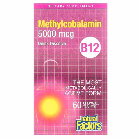 Natural Factors, витамин B12, метилкобаламин, 5000 мкг, 60 жевательных таблеток
