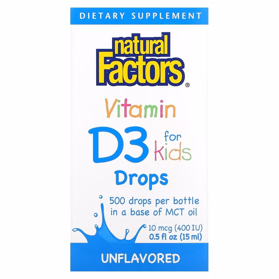 Natural Factors, витамин D3 в каплях для детей, без ароматизаторов, 10 мкг (400 МЕ), 15 мл (0,5 жидк