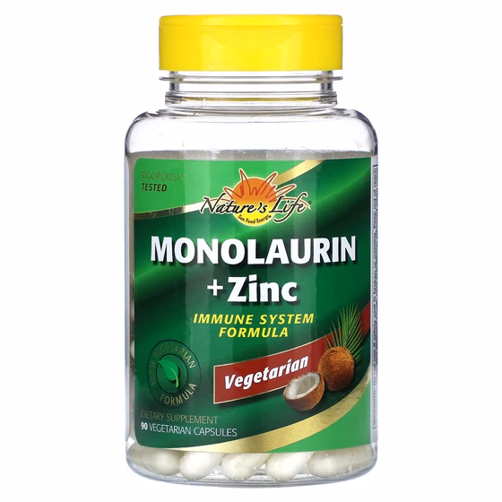 Nature's Life, Монолаурин и цинк, 90 вегетарианских капсул