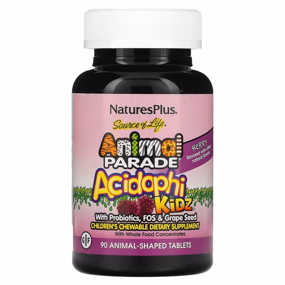 NaturesPlus, Source of Life, Animal Parade, AcidophiKidz, детские жевательные таблетки, натуральный