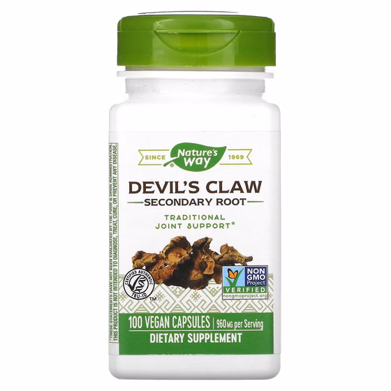 Nature's Way, Devil's Claw (чертов коготь), вторичный корень, 960 мг, 100 растительных капсул