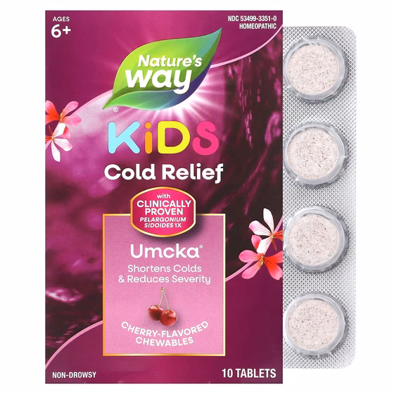 Nature's Way, Umcka, ColdCare Kids, для детей от 6 лет, вишня, 10 жевательных таблеток