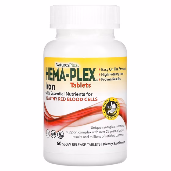 Nature's Plus, Hema-Plex, Железо для здоровых эритроцитов, 60 таблеток с медленным высвобождением