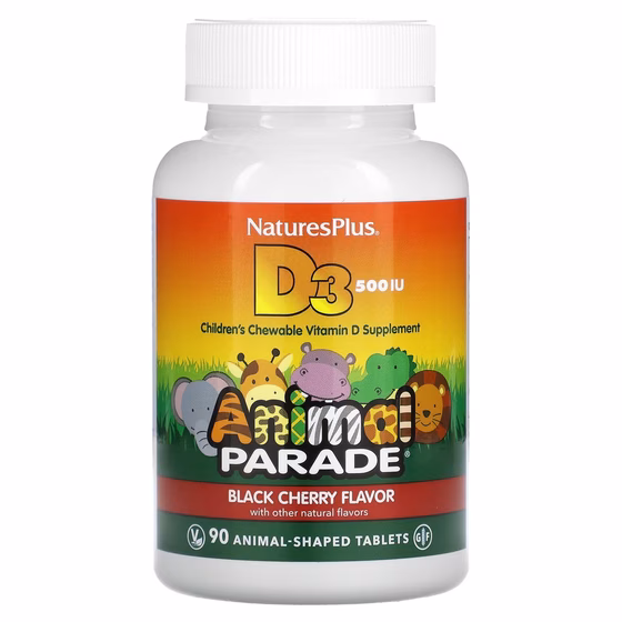 Nature's Plus, Source of Life, Animal Parade, витамин D3, со вкусом черешни, 500 МЕ, 90 таблеток