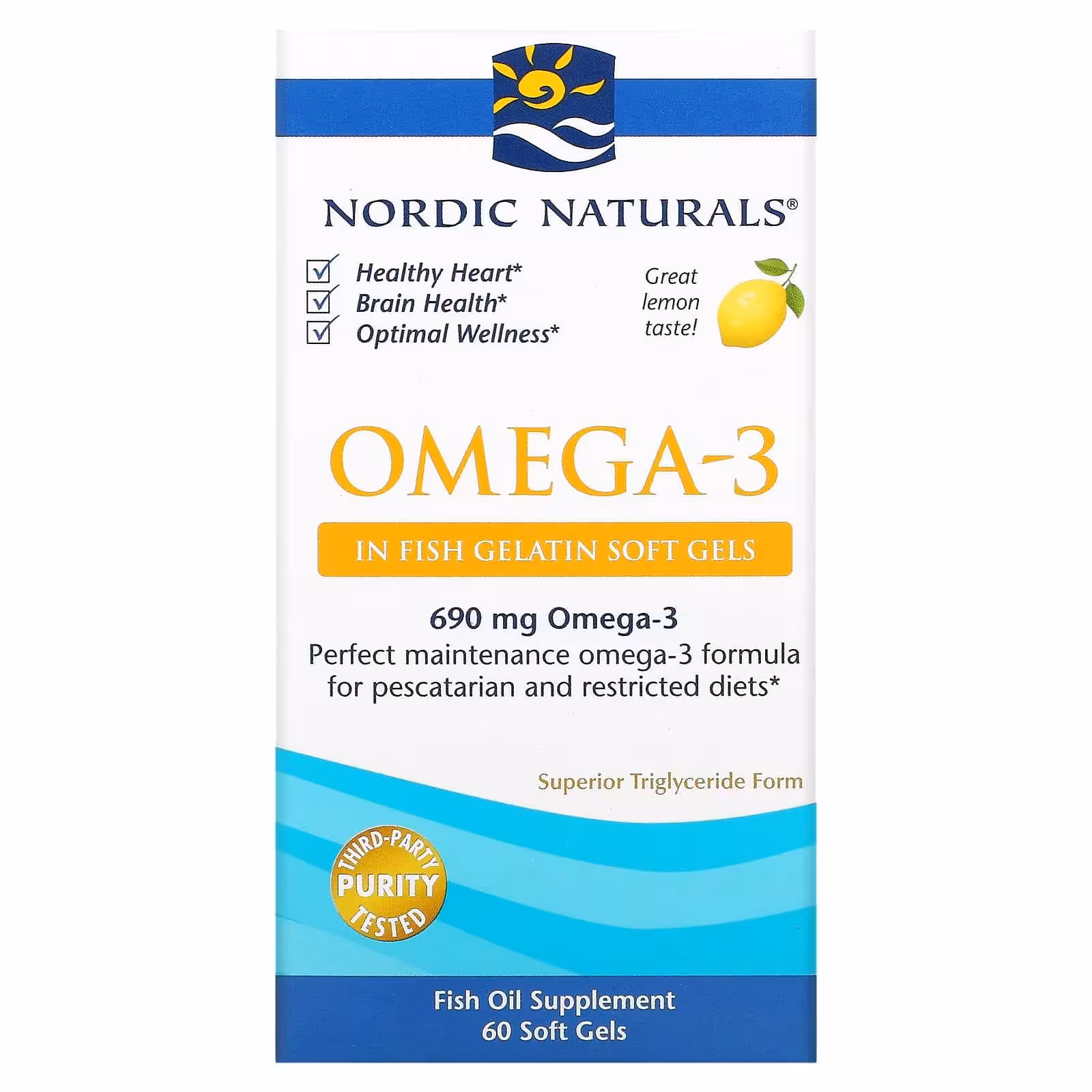 Nordic Naturals, омега-3, с лимонным вкусом, 345 мг, 60 капсул