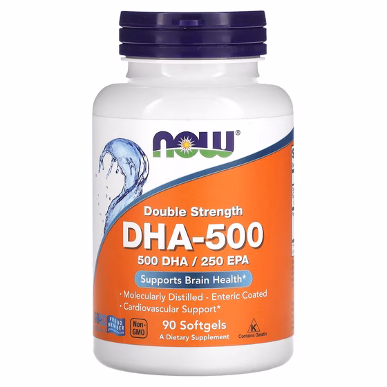 NOW Foods, Рыбий жир DHA-500, двойного действия, 90 мягких таблеток