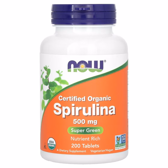 Now Foods, Сертифицированная органическая спирулина, 500 мг, 200 таблеток