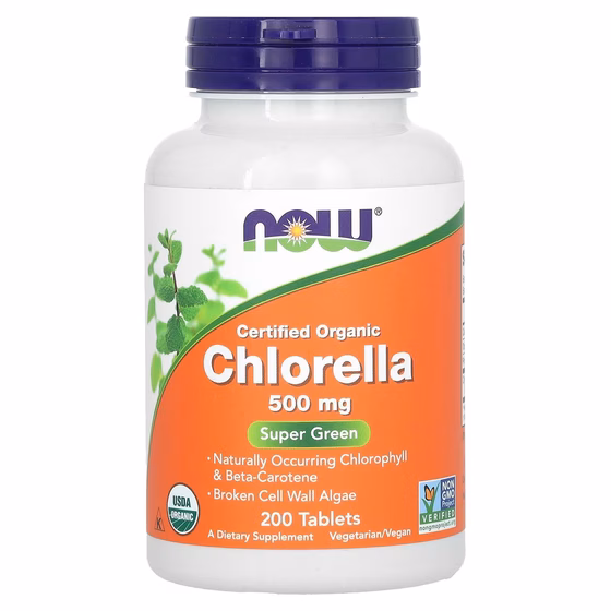 Now Foods, Сертифицированная органическая хлорелла, 500 мг, 200 таблеток