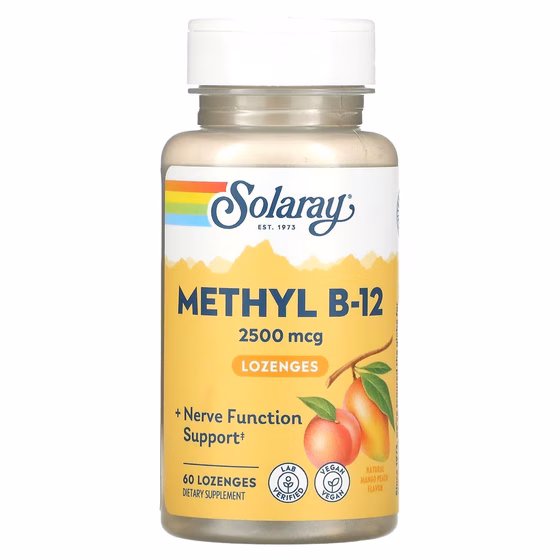 Solaray, высокоэффективный метил B12, натуральные манго и персик, 2500 мкг, 60 леденцов
