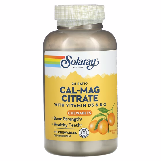 Solaray, Цитрат магния и кальция с витаминами D3 и K2, натуральный апельсиновый вкус, 90 жевательных