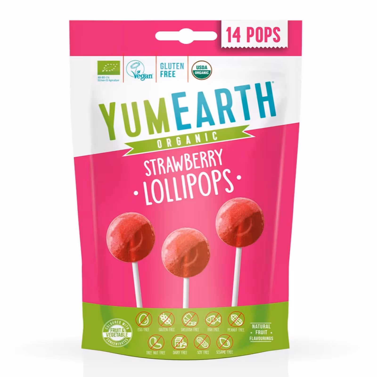 YumEarth, Органические клубничные леденцы, клубничный коктейль, 14 леденцов, 87 г