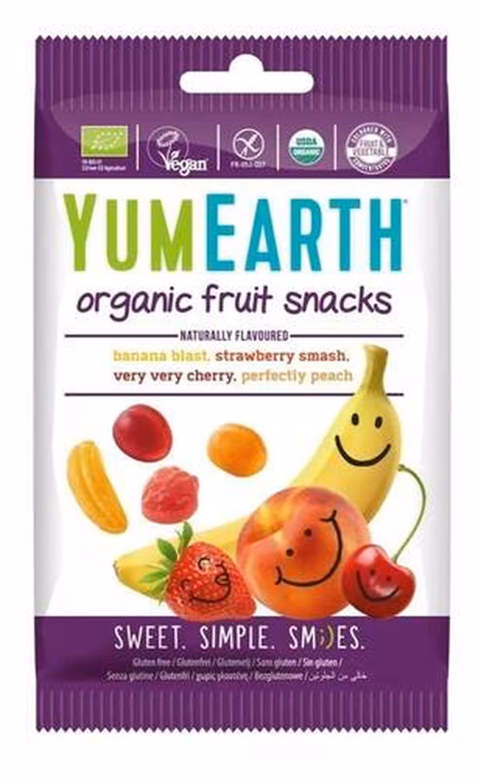 YumEarth, Жевательные конфеты, 50 г. Клубника, Вишня, Персик, Банан