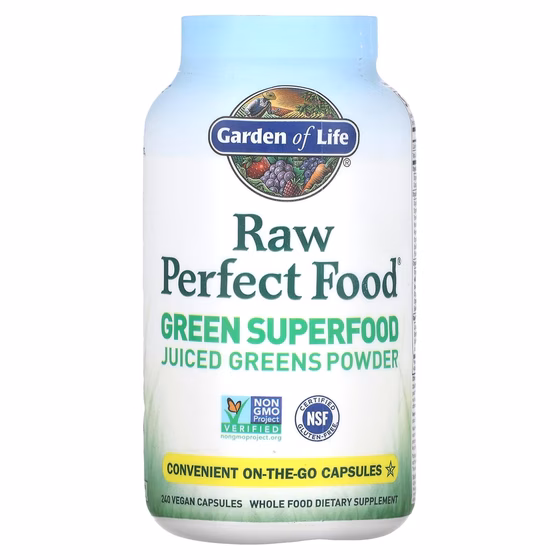 Garden of Life, RAW Perfect Food, Green Superfood, порошок сочной зелени, 240 веганских капсу