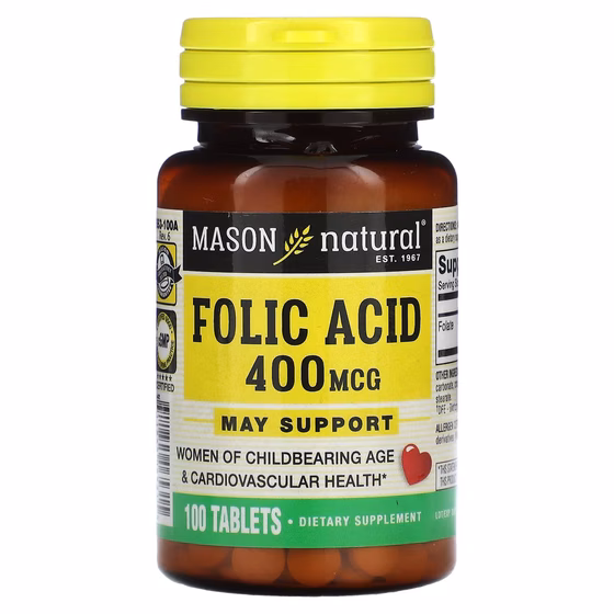 Mason Natural, фолиевая кислота, 400 мкг, 100 таблеток