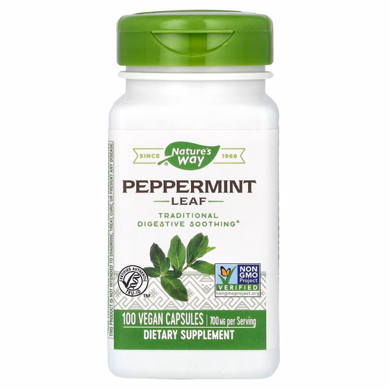 Nature's Way, листья перечной мяты, 350 мг, 100 веганских капсул, шт
