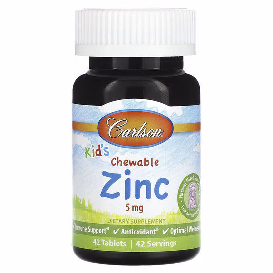 Carlson, Kid's Chewable Zinc, натуральная ягодная смесь, 5 мг, 42 таблетки