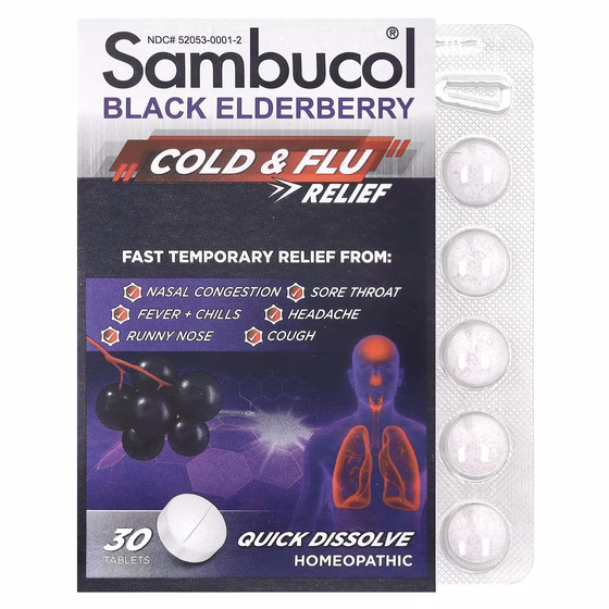 Sambucol, Черная бузина, средство от гриппа и простуды, 30 быстрорастворимых таблеток