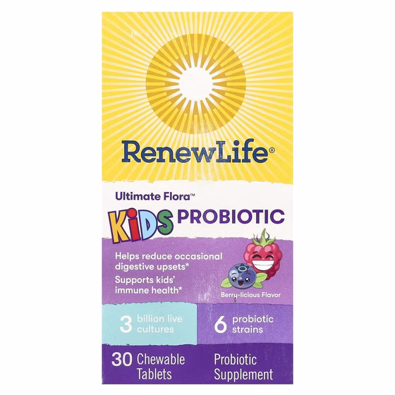 Renew Life, Ultimate Flora, пробиотик для детей, ягодный вкус, 3 млрд живых культур, 30 жевательных