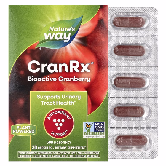 Nature's Way, CranRx, Urinary Health, биоактивная клюква, 500 мг, 30 вегетарианских капсул