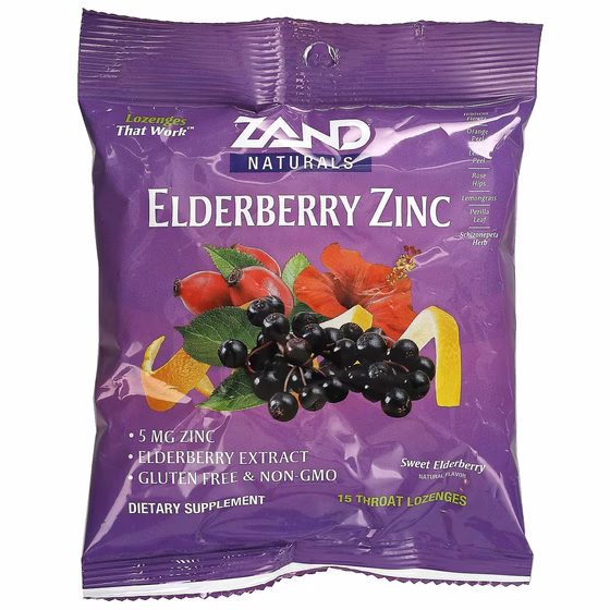 Zand, Naturals, бузина и цинк, сладкая бузина, 15 пастилок для горла