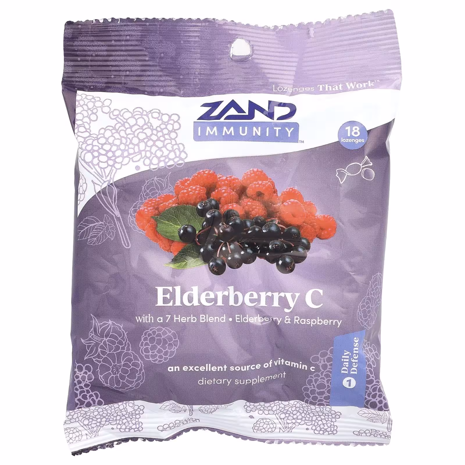 Zand, Органическая бузина с витамином C, леденцы со вкусом ягод от боли в горле, 18 леденцов