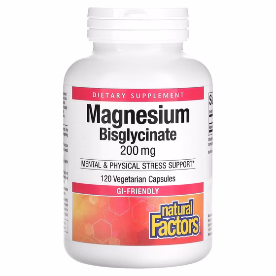 Natural Factors, Бисглицинат магния, 200 мг, 120 вегетарианских капсул